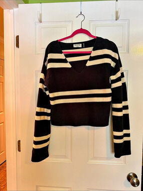 LNA Clothing Lucca Striped V-Neck Sweater Black & Cream XS